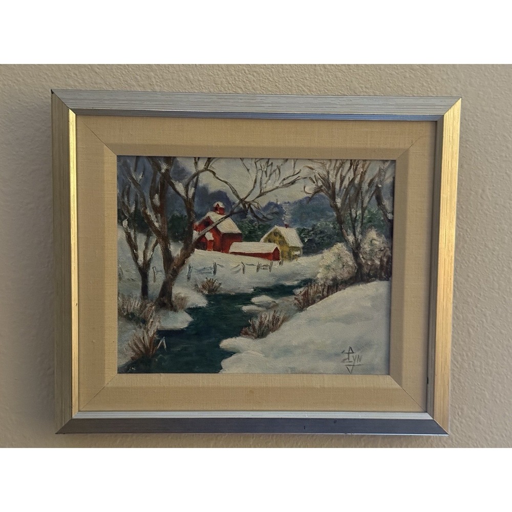 Vintage Original Lyn Signed Framed Painting Winter Snow Landscape Farm Small - Picture 4 of 10